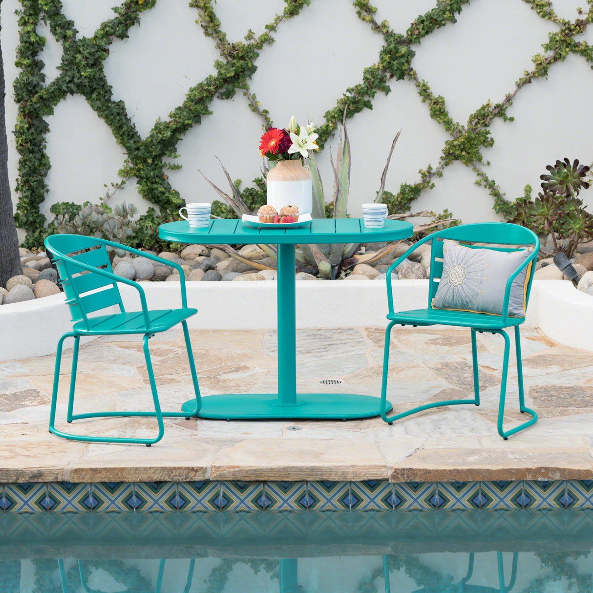 3-Piece Elegant Outdoor Bistro Set with 2 Chairs and Oval Table, Teal