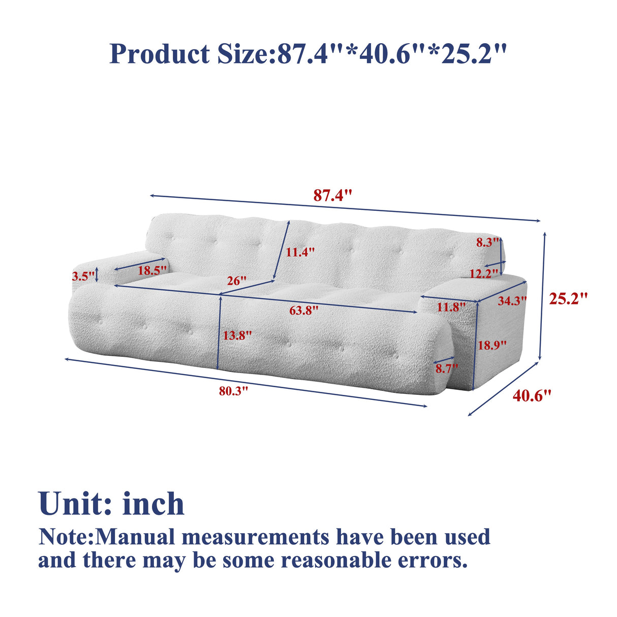 87.4-Inch Cloud Series Minimalist Button-Tufted Square Arm Three-Seater Sofa