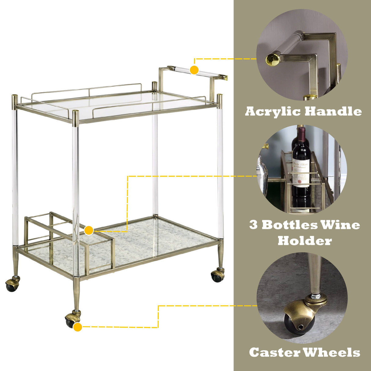 Cirro Antique Mirror Wire Brass Serving Cart - Antique Brass / White