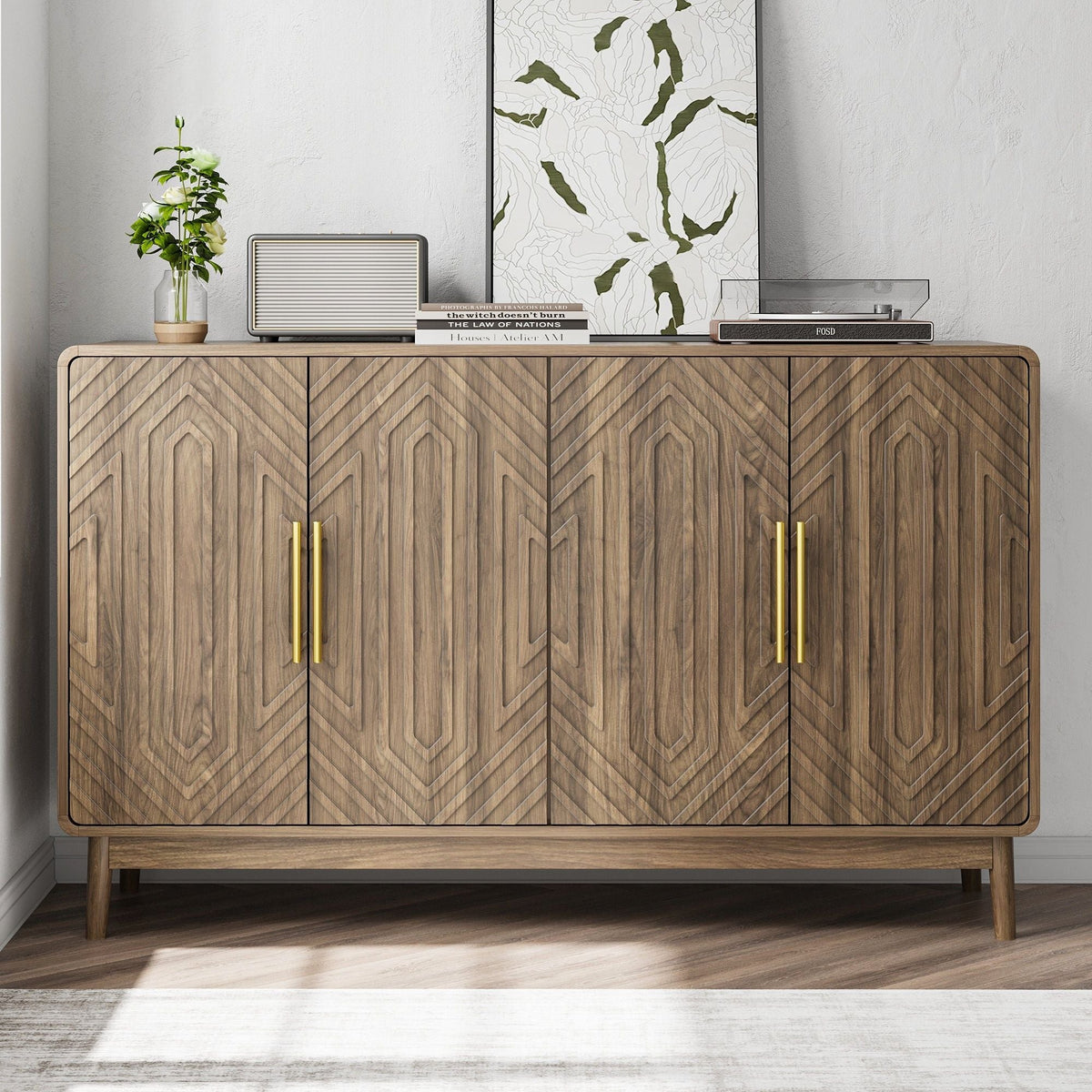 Sideboard Buffet Cabinet with Carved Doors and Adjustable Shelf - Dark Brown