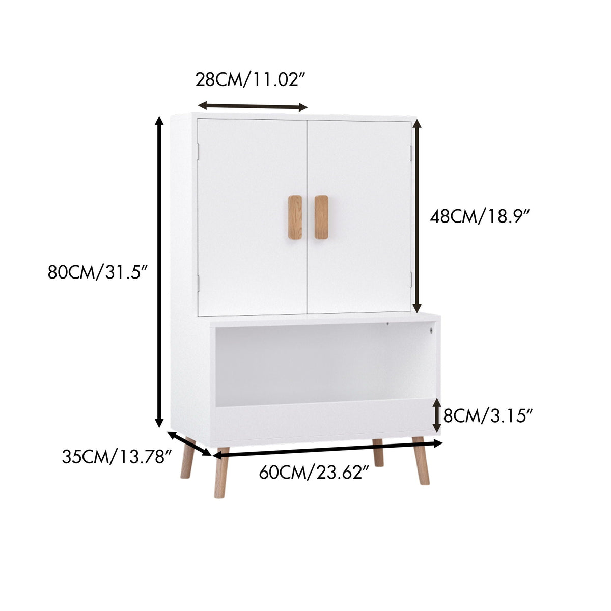 Toy Storage Cabinet with Doors and Open Shelf - White Wood Kids Bookcase