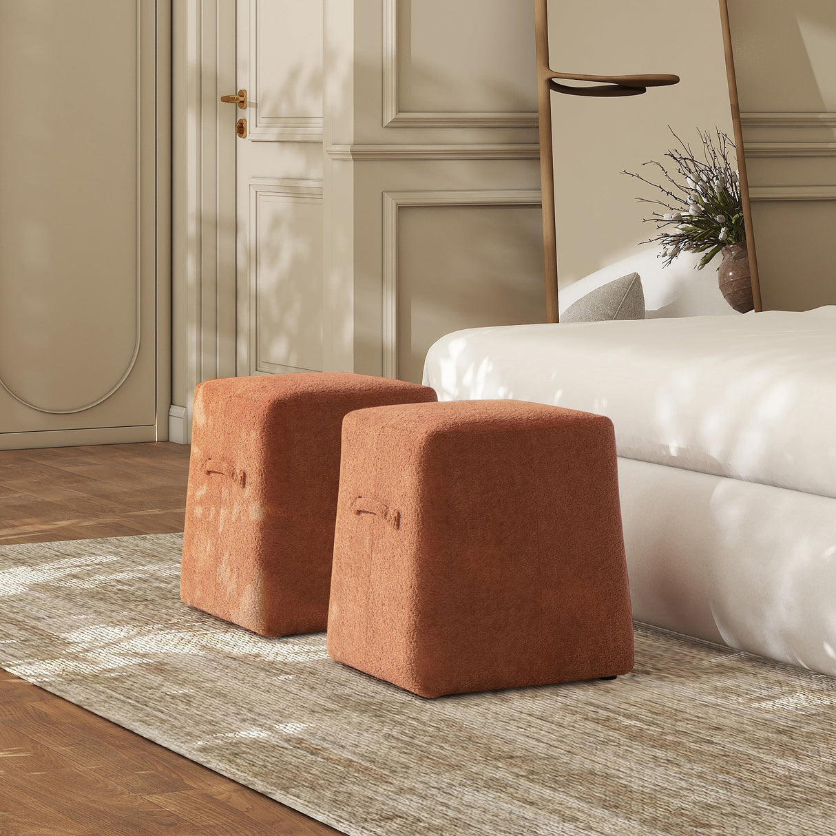 Oliver 16' Tapered Square Upholstered Ottoman in Spice Orange Fleeced Teddy