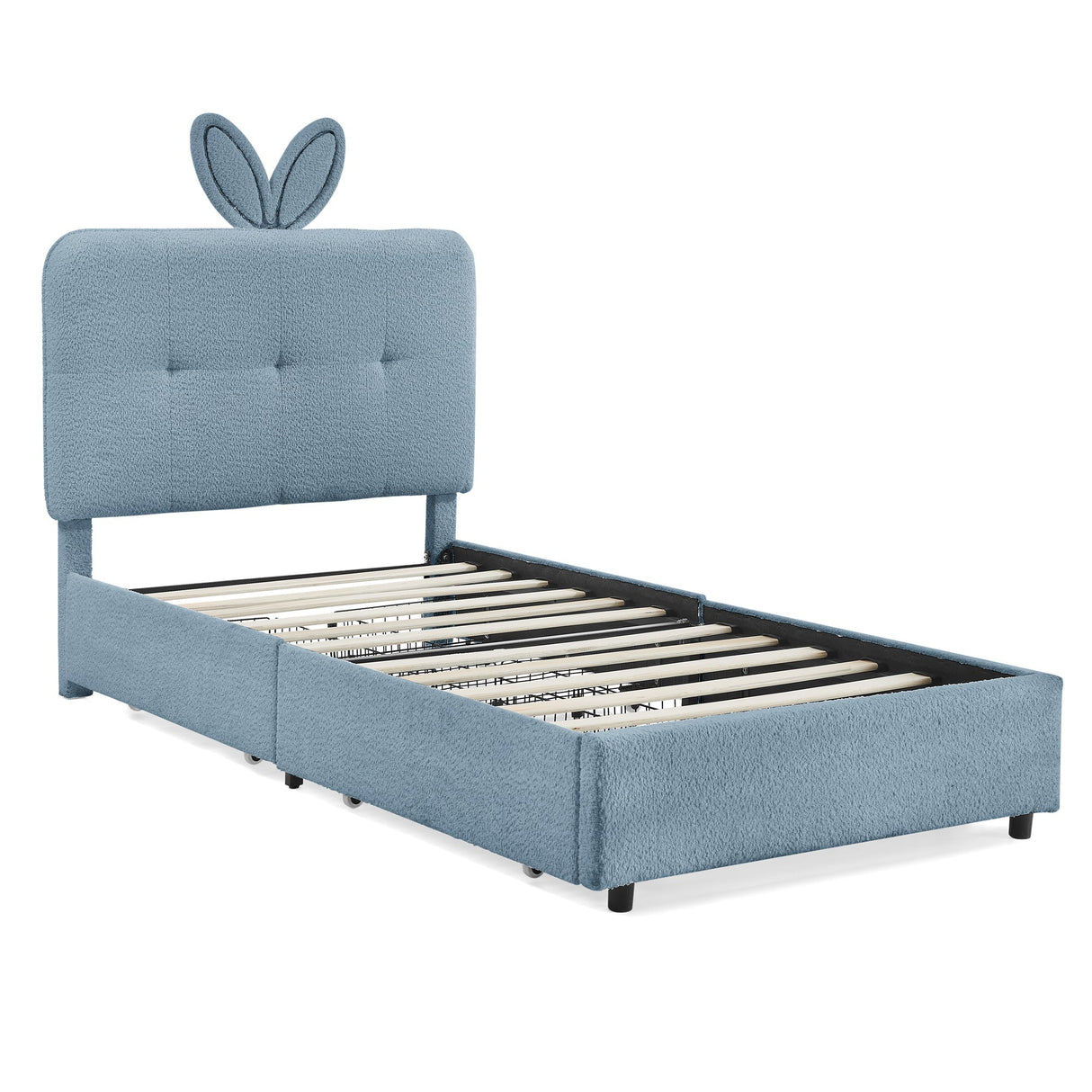 Twin Size Kids Upholstered Bed with Oversized Rabbit Ear Headboard, LED Light & 4 Storage Drawers, Boucle Fabric (79.5''X40.75''X41'')