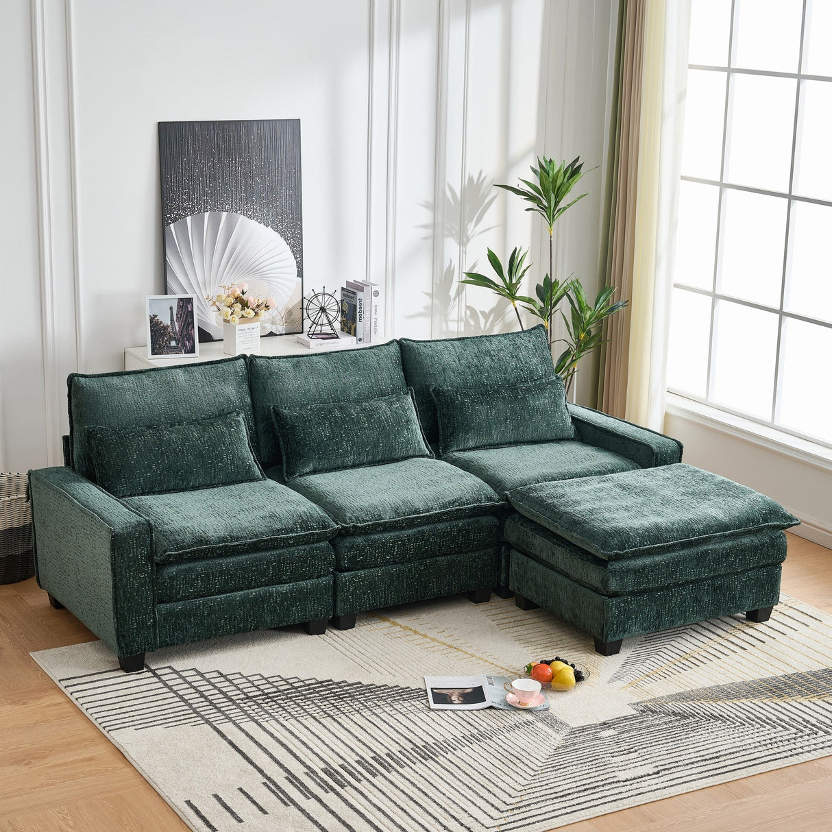Modern Comfy Chenille L Shaped Sectional Sofa with Movable Ottoman