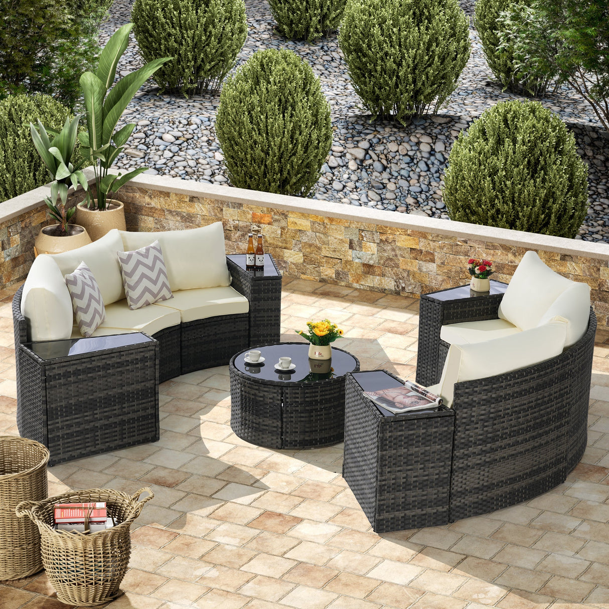 Outdoor Patio Furniture 11-Piece Half-Moon Sectional Round Patio Sofa Set