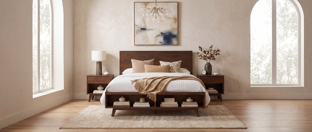 Walnut Queen Size Platform Bed Frame with Footboard Storage