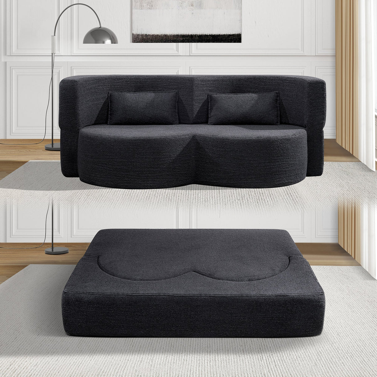 Folding Sofa Bed in Black Teddy Bear Fabric