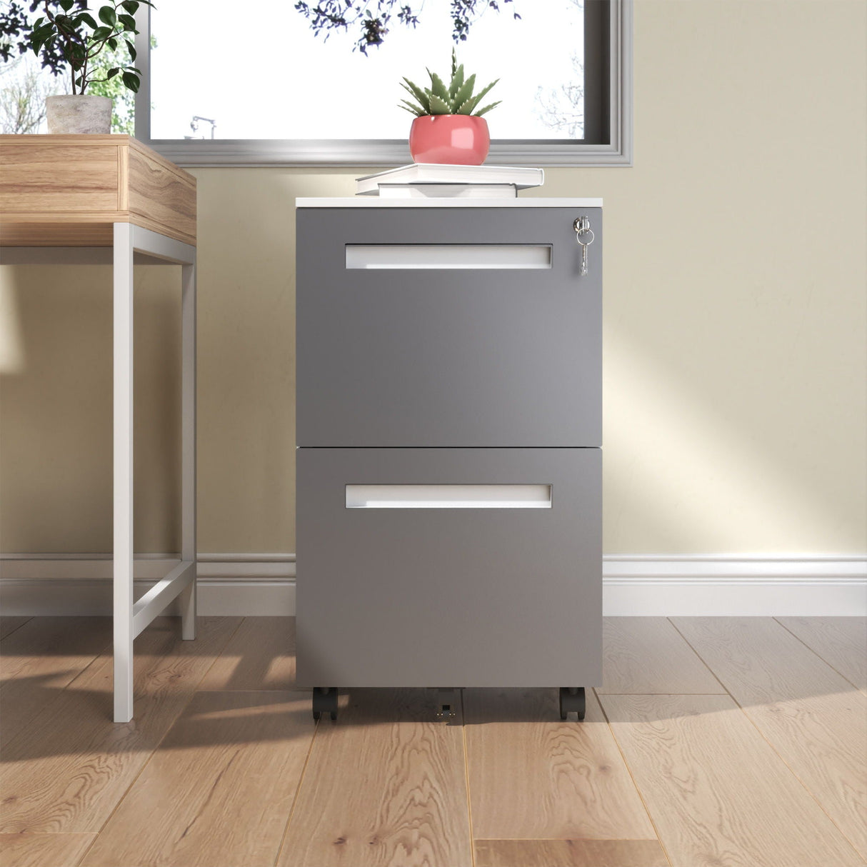2-Drawer Mobile File Cabinet With Lock,On 360° Wheels, Holds A4/Letter/Legal Files - White