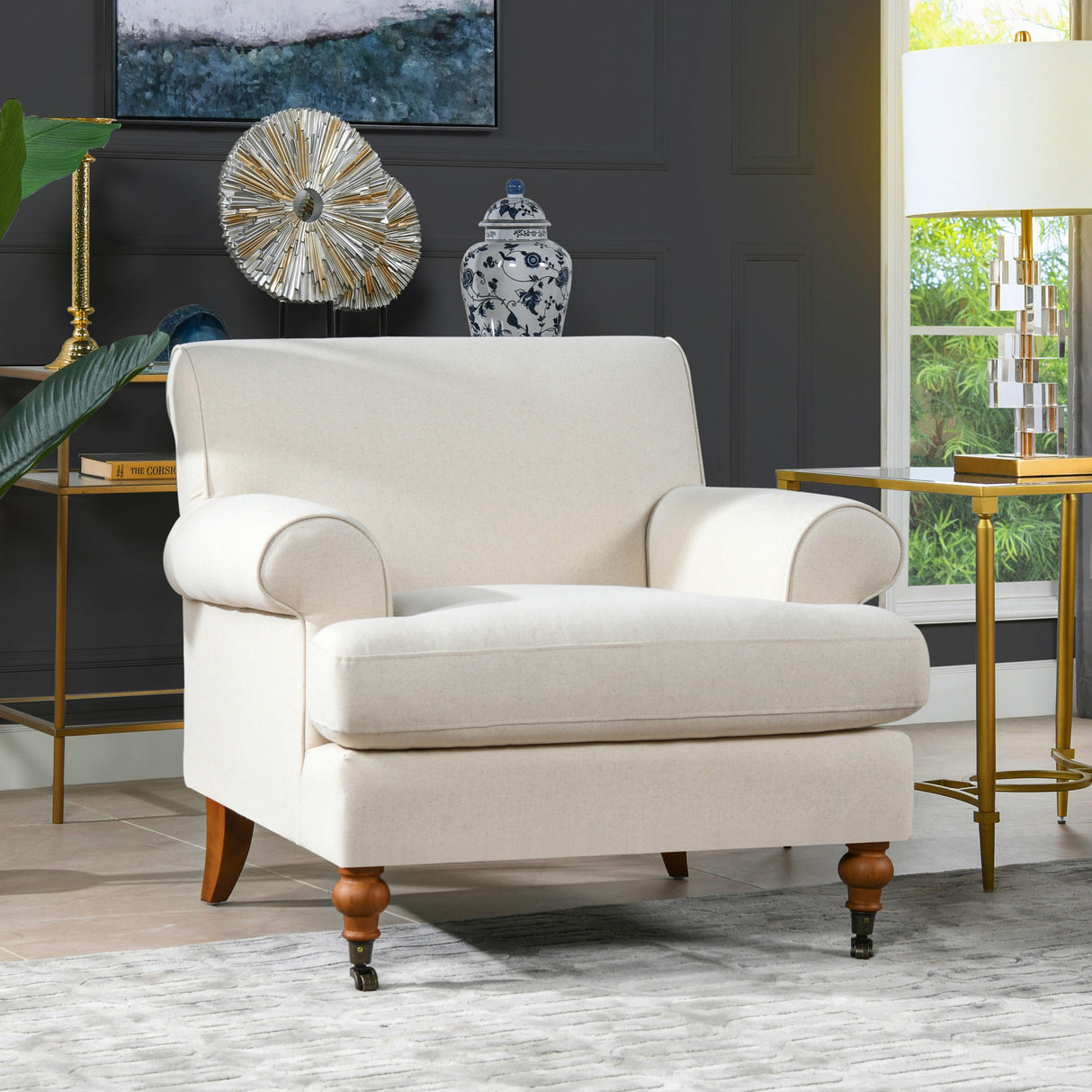 Alana 38' Lawson Accent Arm Chair Metal Casters, Light Beige Linen