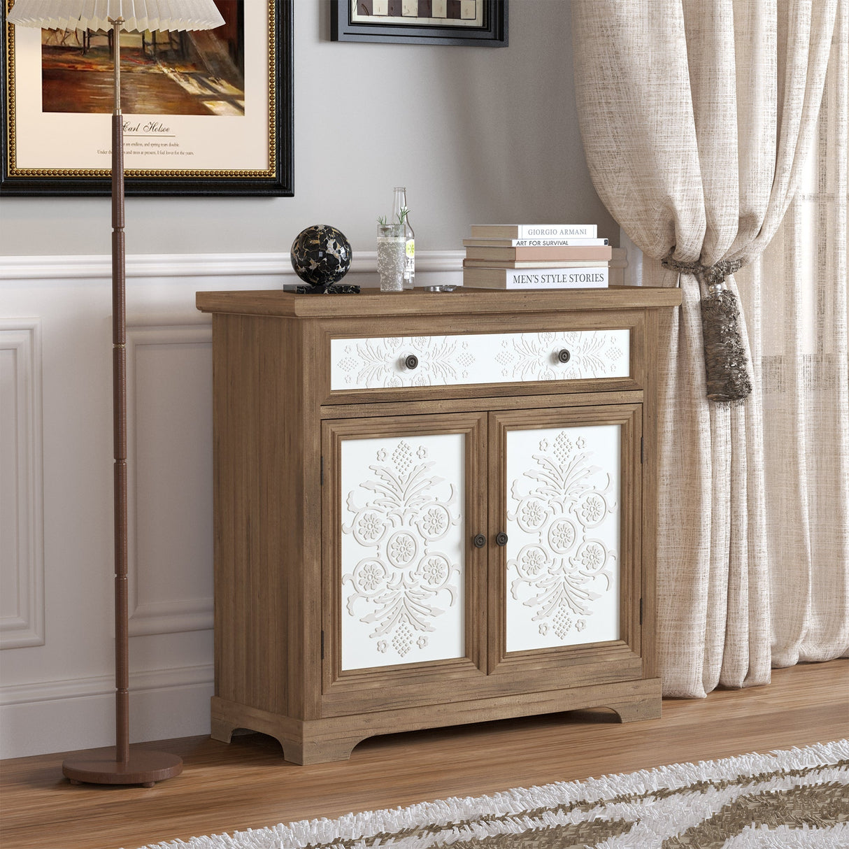 Rustic Vintage Accent Cabinet with Carved Floral Panels