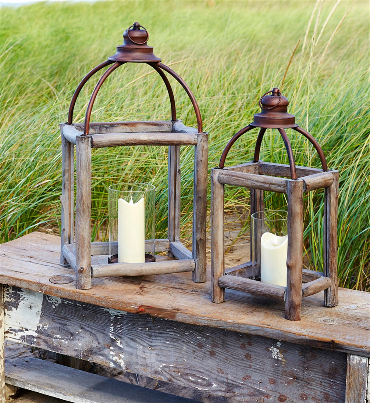 Rustic-Wood-Log-and-Antique-Metal-Lantern-with-Glass-Hurricane-(Set-of-2)-Outdoor-Lighting