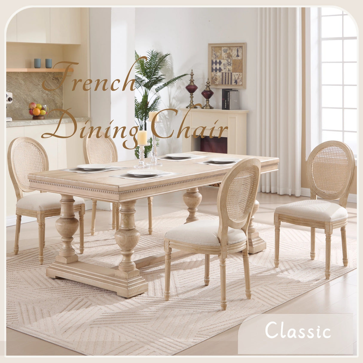 French Country Dining Chairs Set of 2 Upholstered with Rattan Back