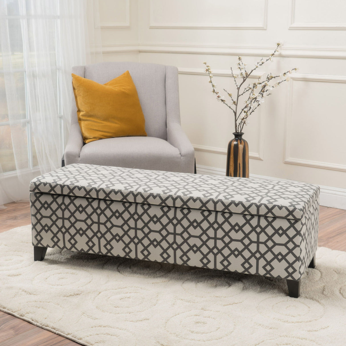 Quotient Upholstered Storage Ottoman With Tapered Block Feet - Gray / White