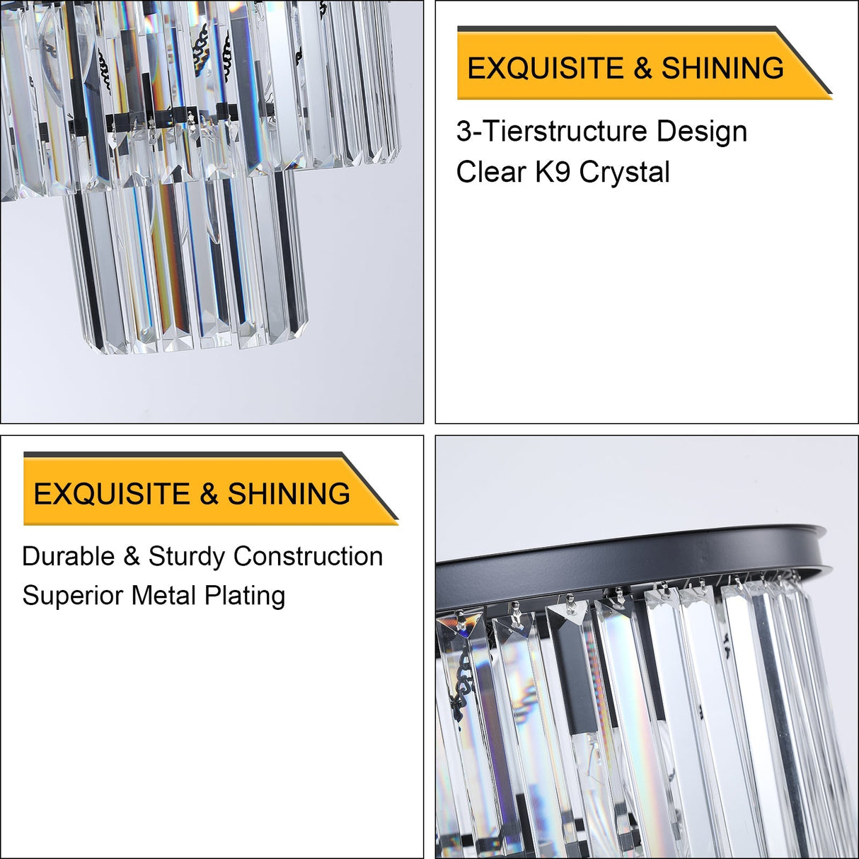 20' Modern Crystal Chandelier with Black Finish – Elegant 7-Light Pendant Light with 3 Tier Crystal Strands for Dining Room, Living Room, or Bedroom (Bulb Not Included)