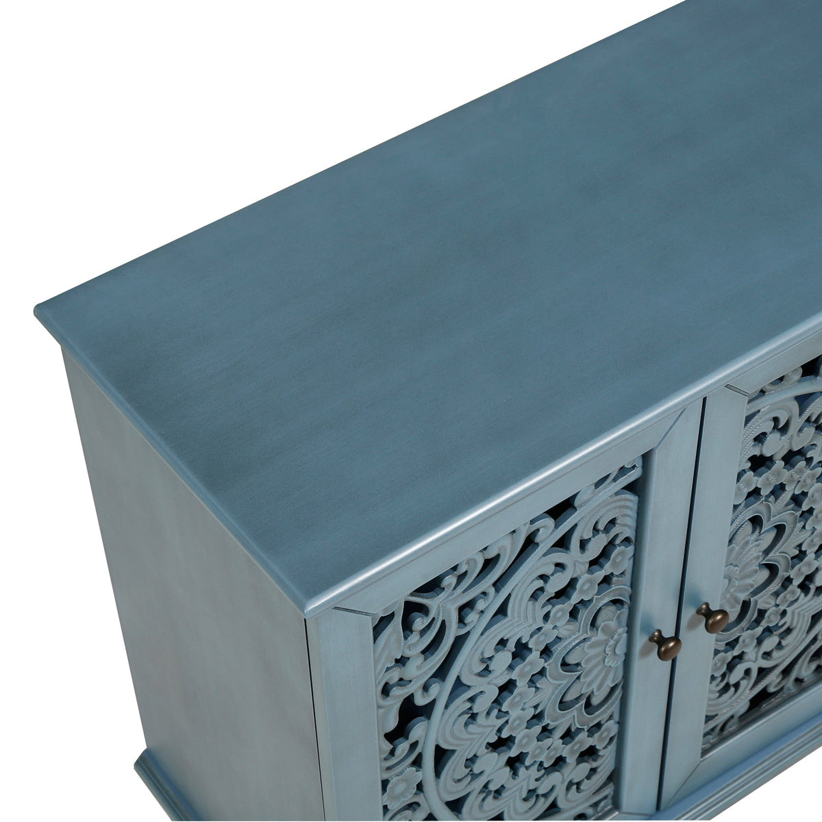60" Antique Buffet Cabinet with Floral Carvings and Adjustable Shelves