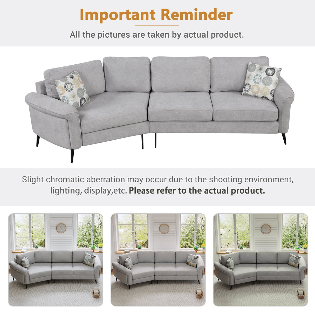 111" Upholstered 3-Seater Sofa with Curved Design and Two Printed Pillows