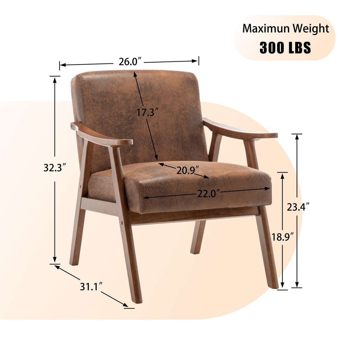Mid Century Modern Accent Chair With Solid Wood Frame And Extra Thick Backrest