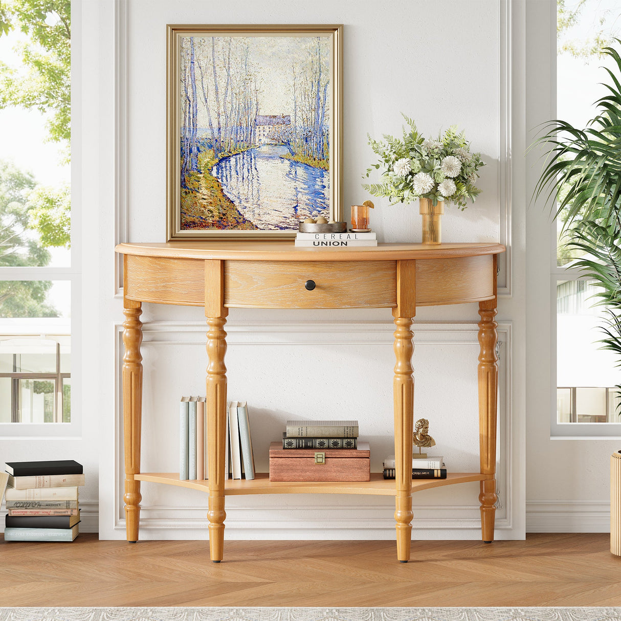 TREXM Farmhouse Half Moon Console Table with Drawer & Shelf