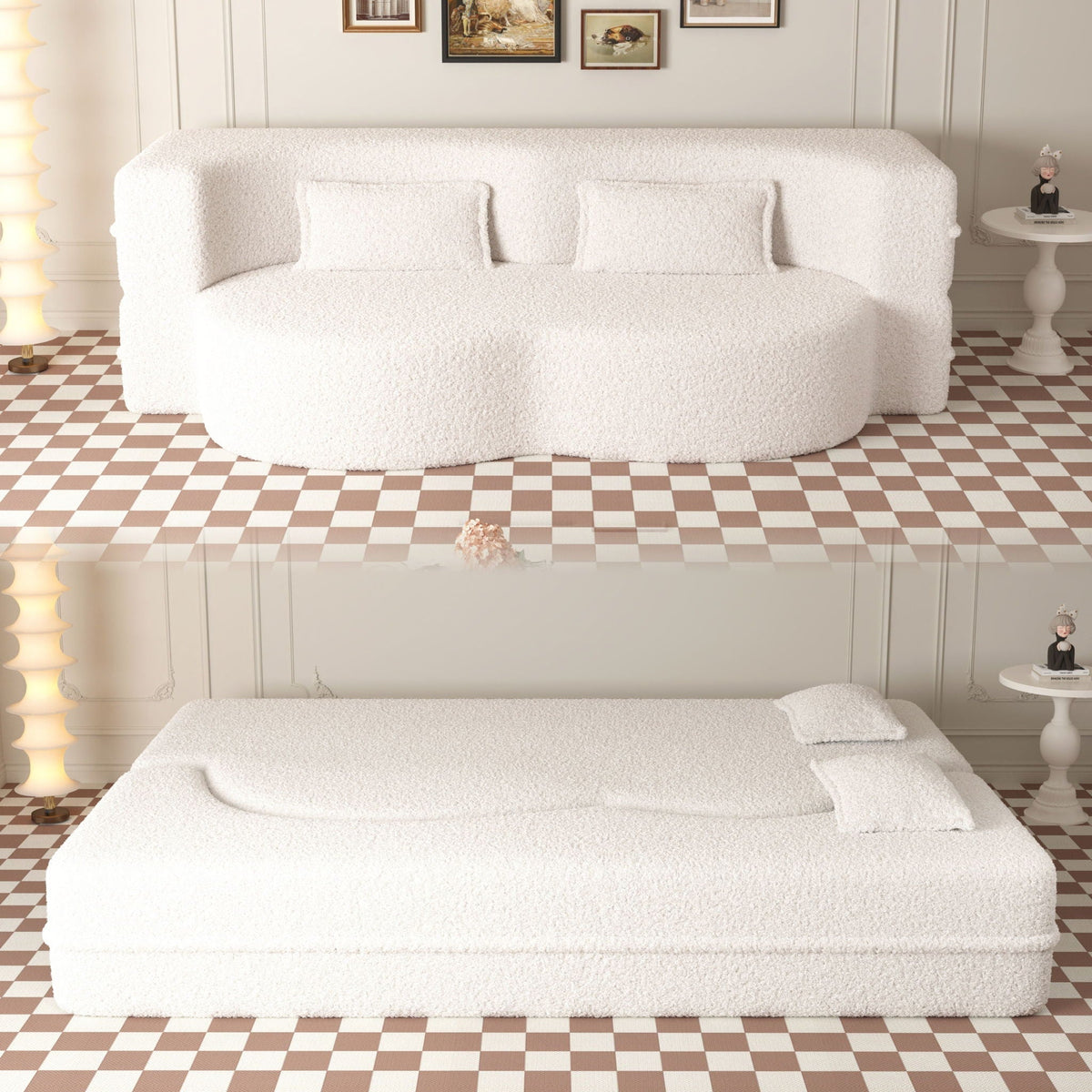 Modern Floor Sofa with 2 Pillows, Convertible Teddy Fabric Foam Filled Bed