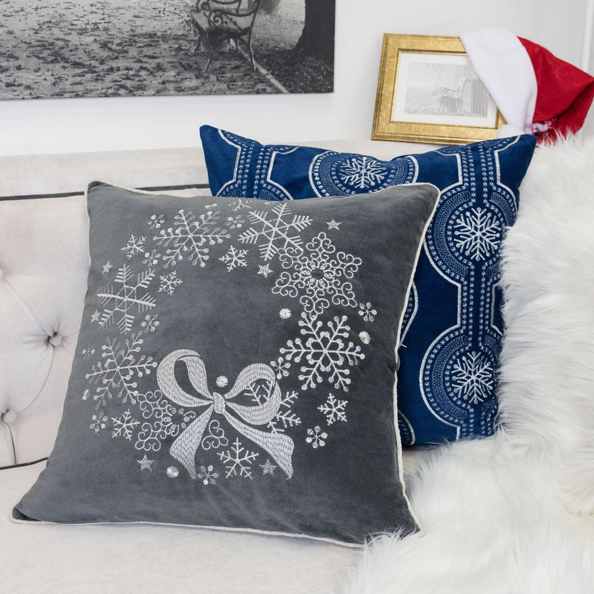 Gray Velvet Holiday Throw Pillow with Snowflake Wreath Embroidery