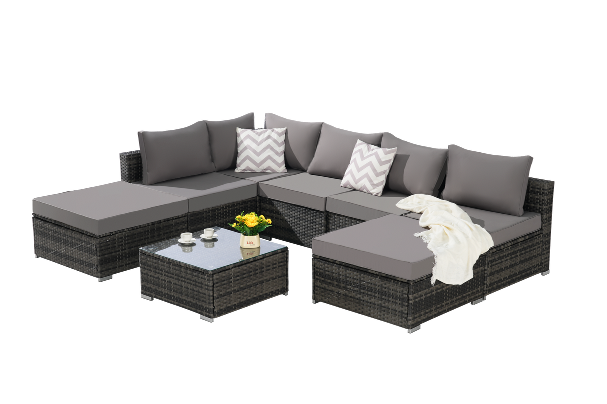 8 Pieces Outdoor Patio Sectional Sofa Couch,Wicker Furniture Conversation Sets with Washable Cushions & Glass Coffee Table for Garden, Poolside, Backyard