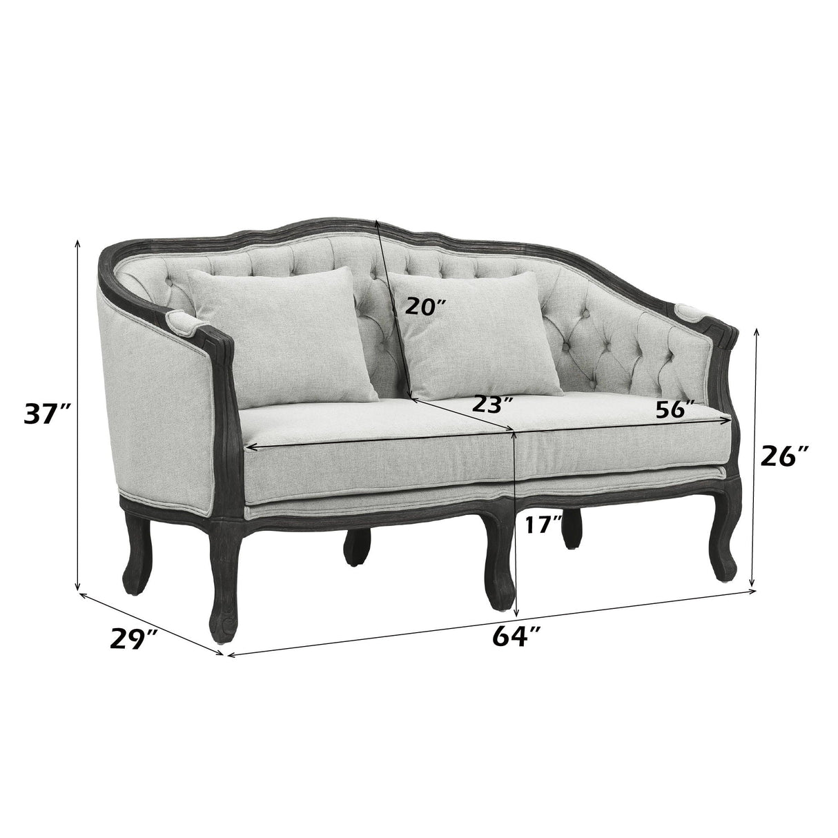 Samael - Loveseat With 2 Pillows - Gray Linen & Dark Brown