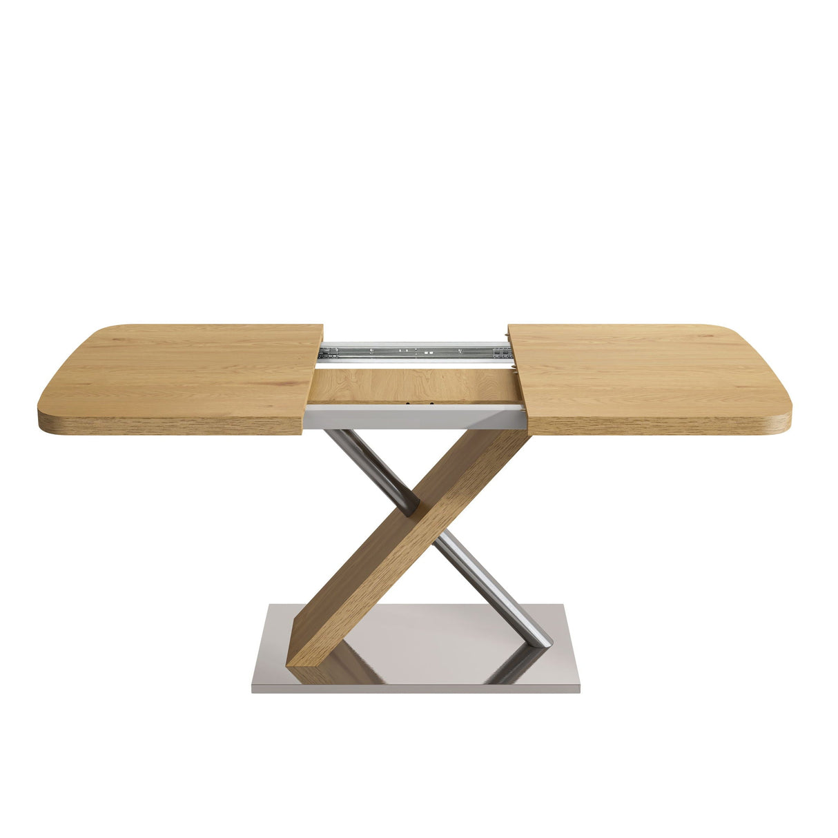 Retractable Square Dining Table, Seating 4 - 6 People, Cross Base With Stainless Steel Tubing, Expandable - Natural