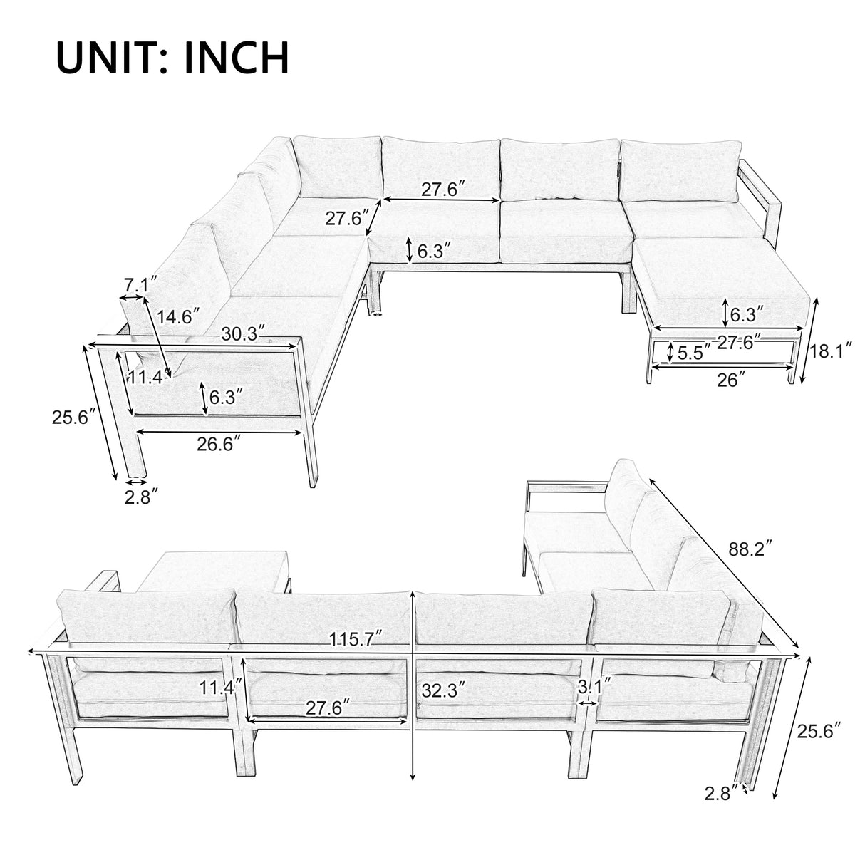 Modular U-Shaped Aluminum Outdoor Sofa Set
