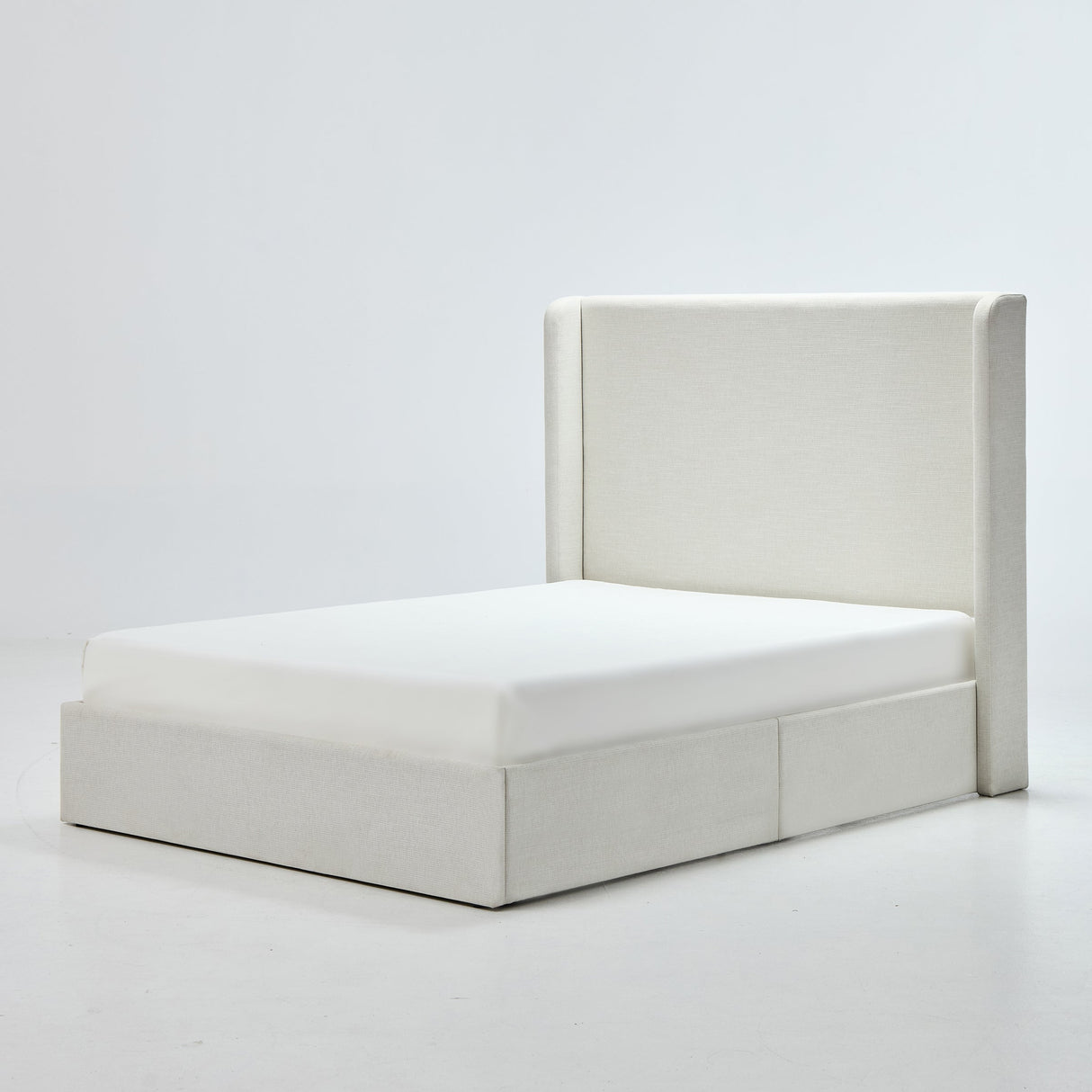 Caron Upholstered Wingback Bed with 52.3' High Headboard in Textured Ivory Canvas Chenille, King Size