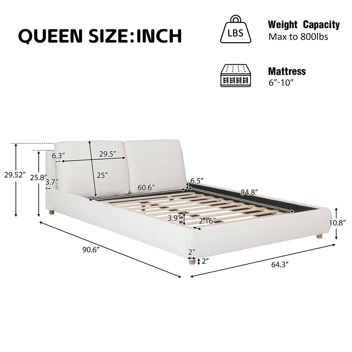 Queen Size Upholstered Platform Bed with Two Removable Pillow Headboard