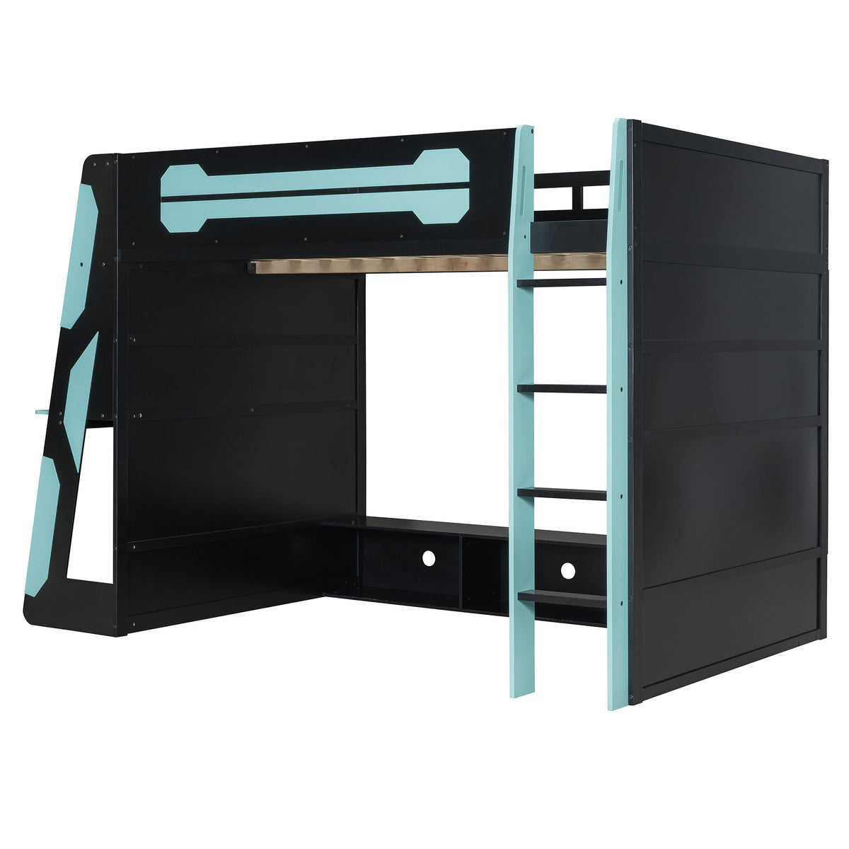 Full Size Wood Loft Bed with Desk, Multi-storage Shelves and RGB Light