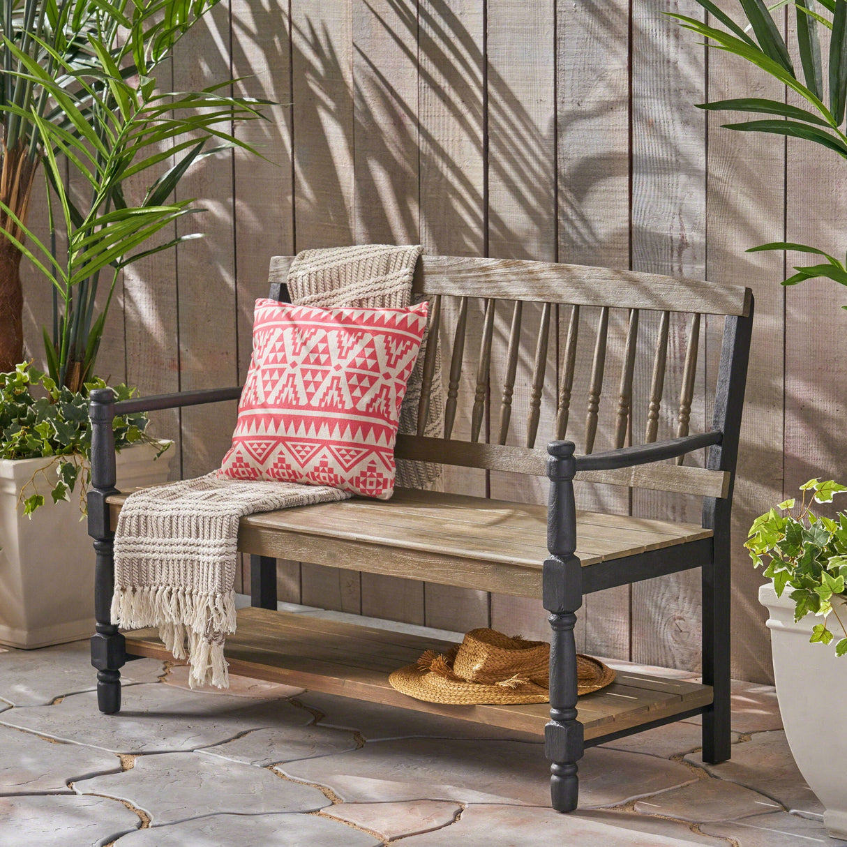 Slatted Bench With Built In Shelf