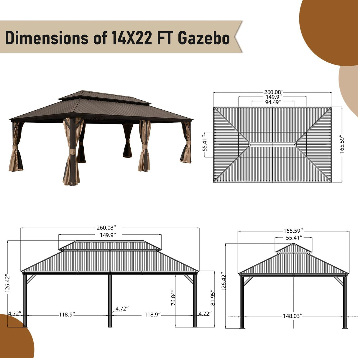 14x22FT Hardtop Gazebo with Galvanized Steel Double Roof