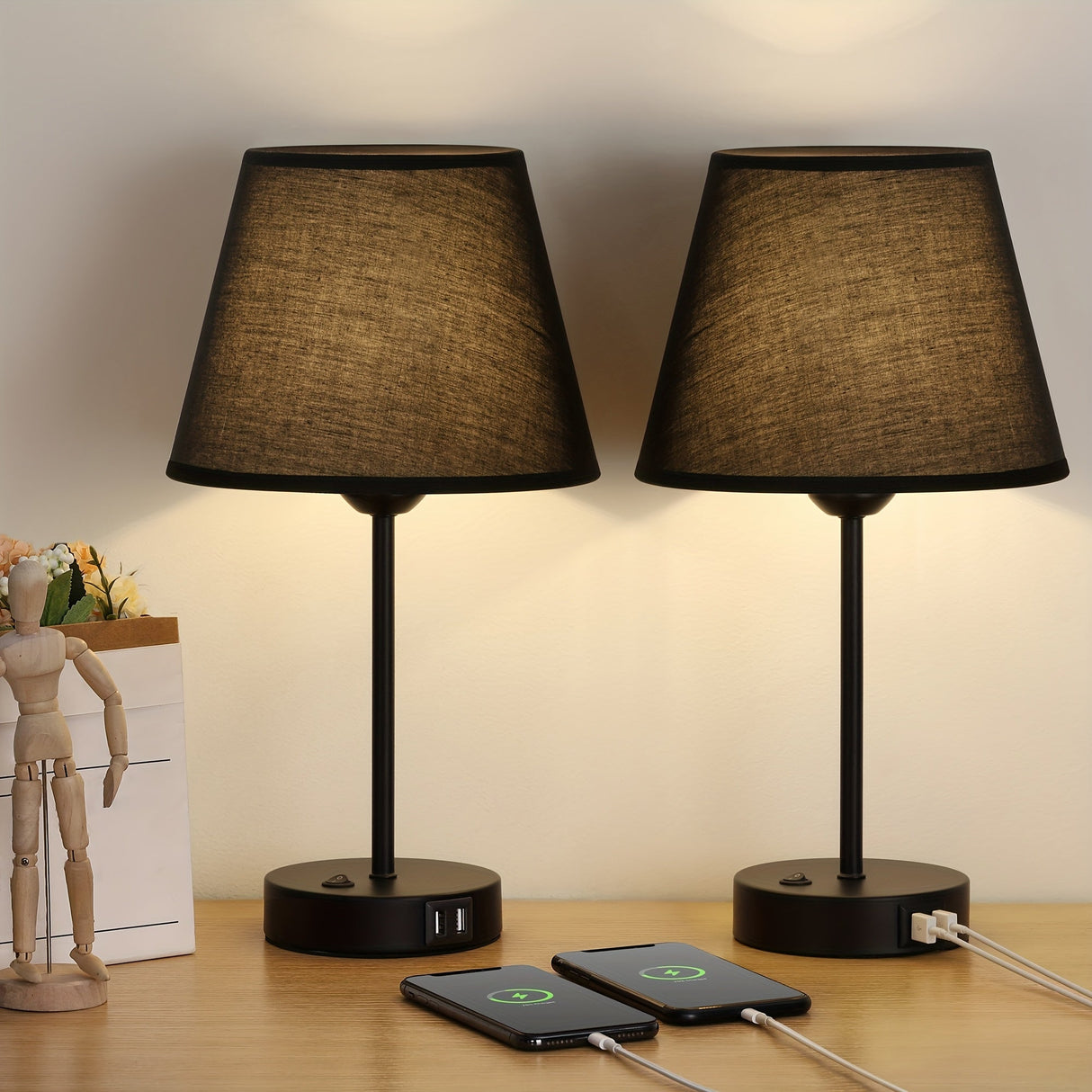 Bedside Table Lamps Set of 2 with USB Ports for Bedroom Nightstand Lighting