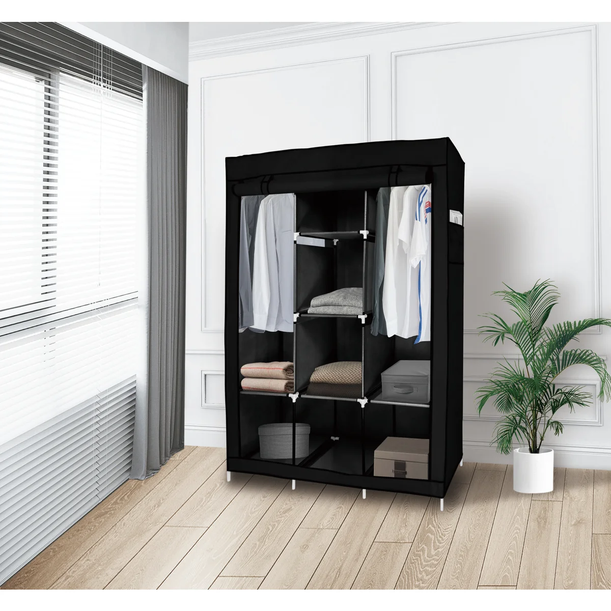 Portable Free Standing Closet with 8 Storage Shelves, 2 Hanging Rod & 4 Pockets