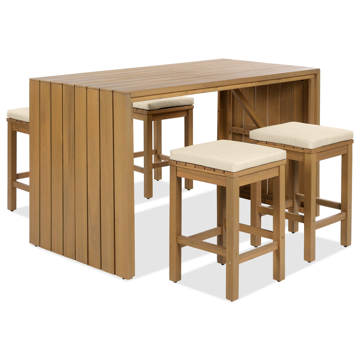 5 Piece Outdoor Bar Set with Acacia Wood Table and Cushioned Stools