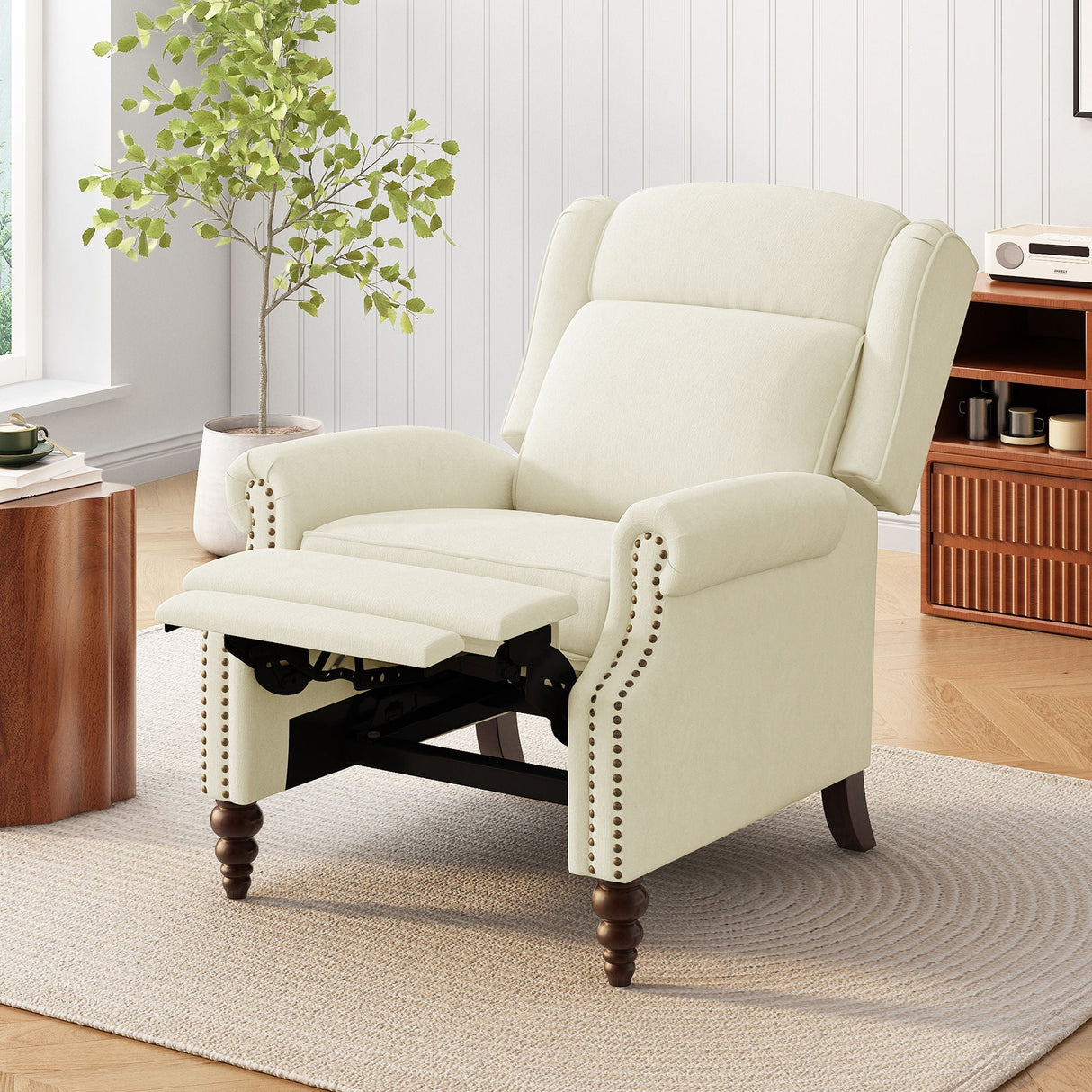 Push Back Recliner Chair Upholstered With Classic Wing Back And Solid Gourd-Shaped Legs