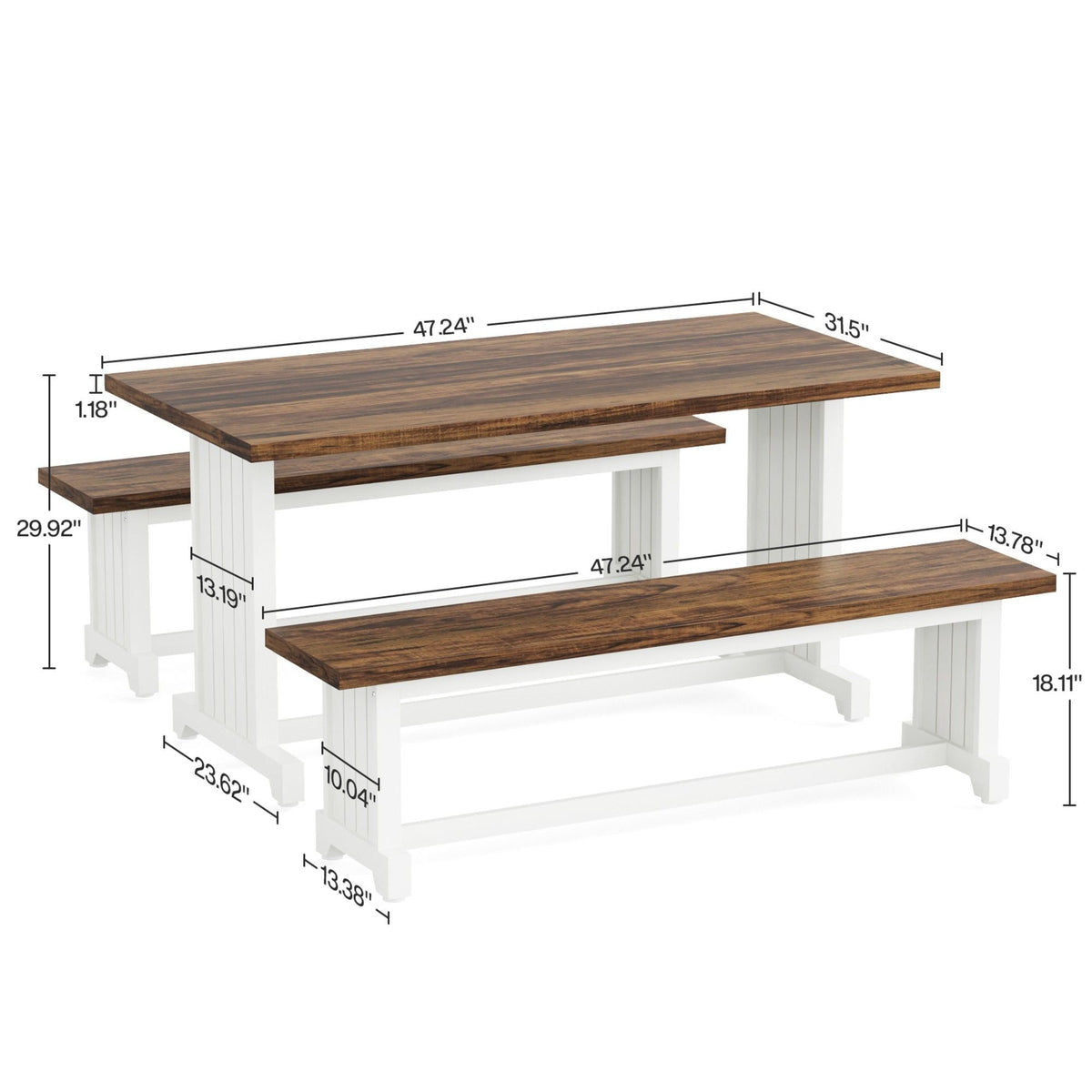 3 Piece Dining Table Set For 2 - 4, With Space Saving Benches - Brown / White