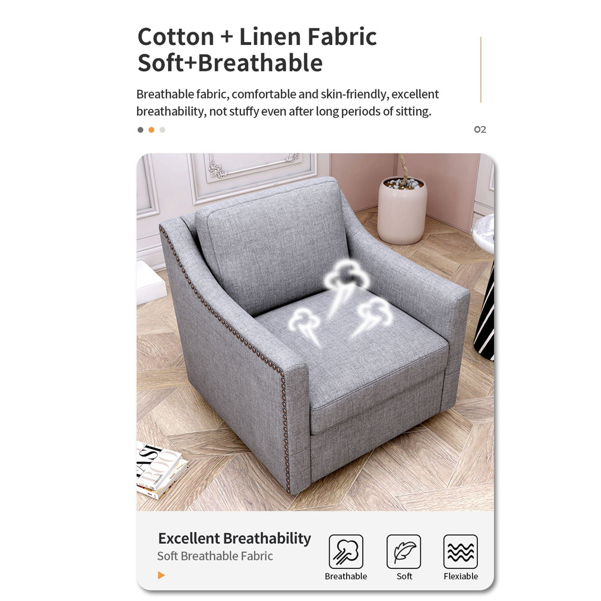 360 Degree Swivel Armchair, Skin Friendly Fabric, Ergonomic Design, Brass Nail Decorative Armchair