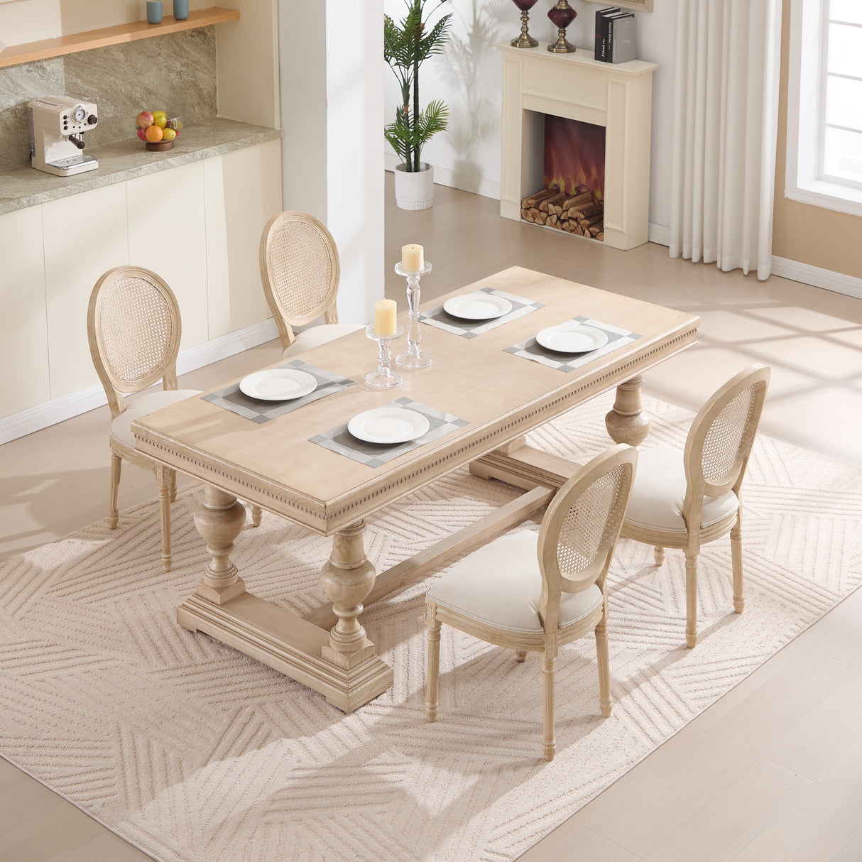 French Country Dining Chairs Set of 2 Upholstered with Rattan Back