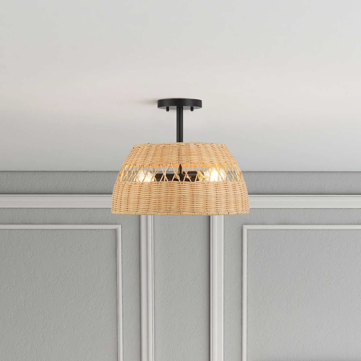 Twinkle - Double Lights Semi Flush With Shade - Black / Rattan