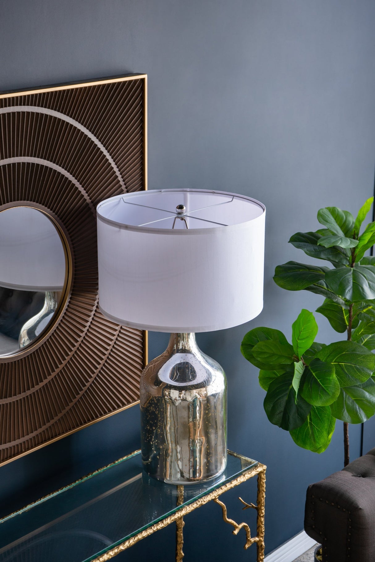 Silver Round Table Lamp with White Fabric Shade