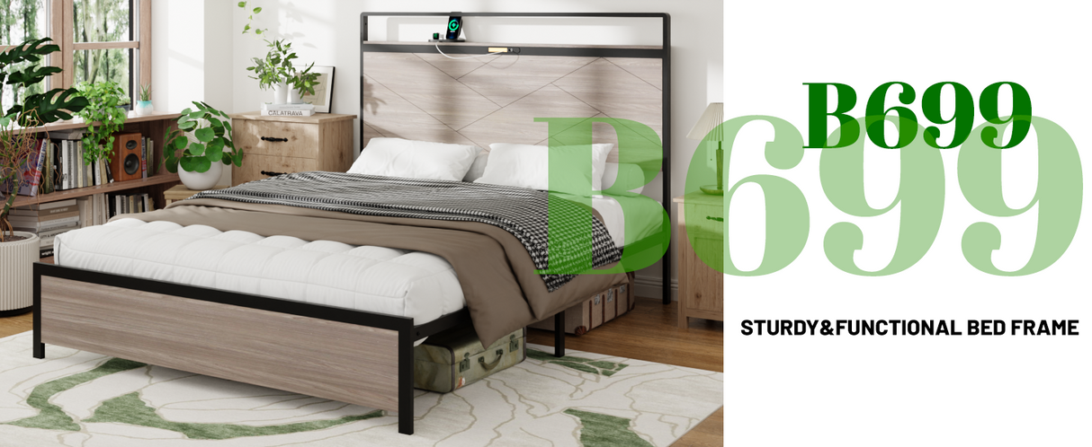 Antique Full Size Wooden Platform Bed Frame with LED Light Headboard