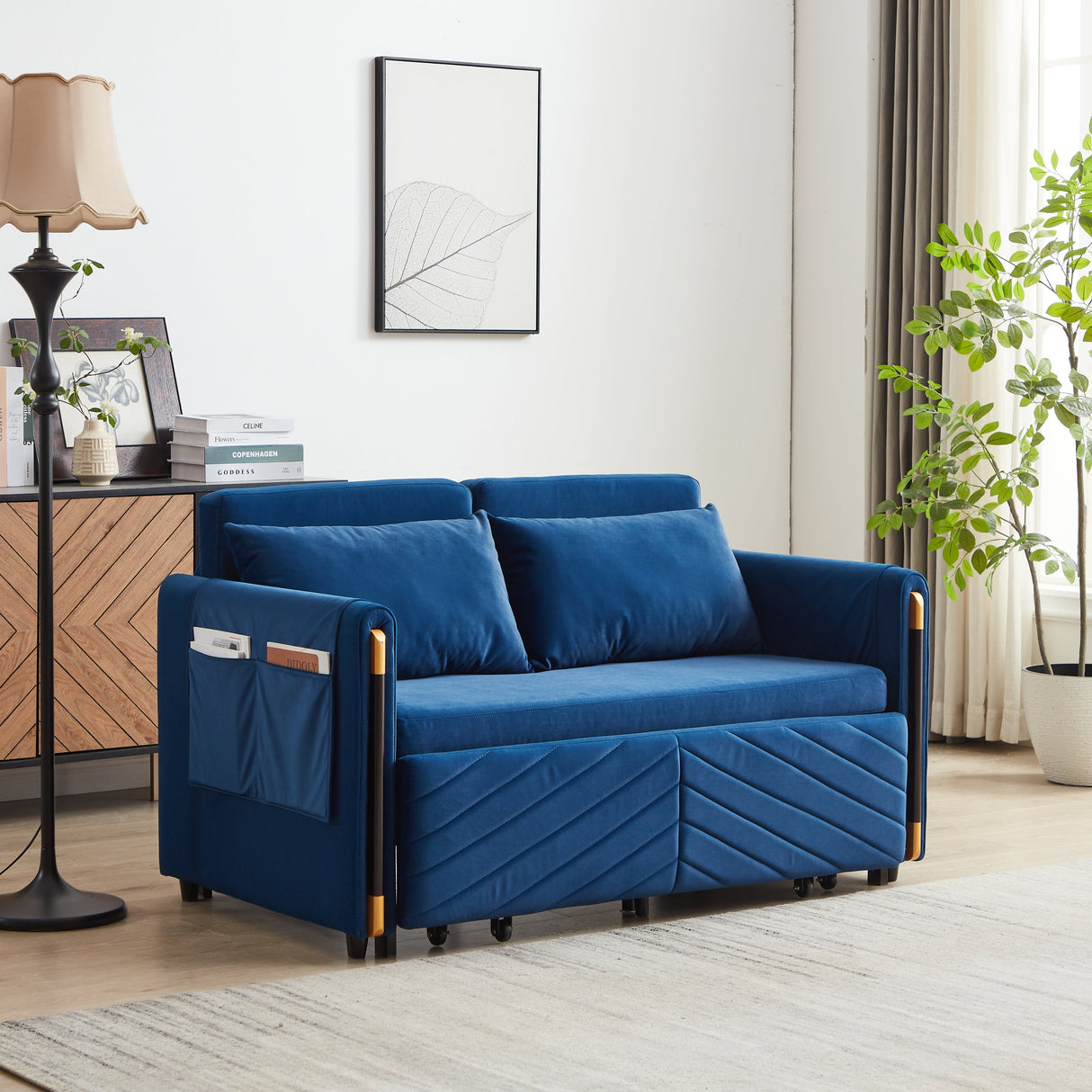 Convertible Velvet Loveseat Sleeper with Arm Storage and Adjustable Back