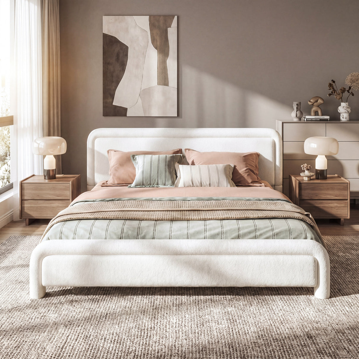 King Size Upholstered Platform Bed Frame with Curved Headboard