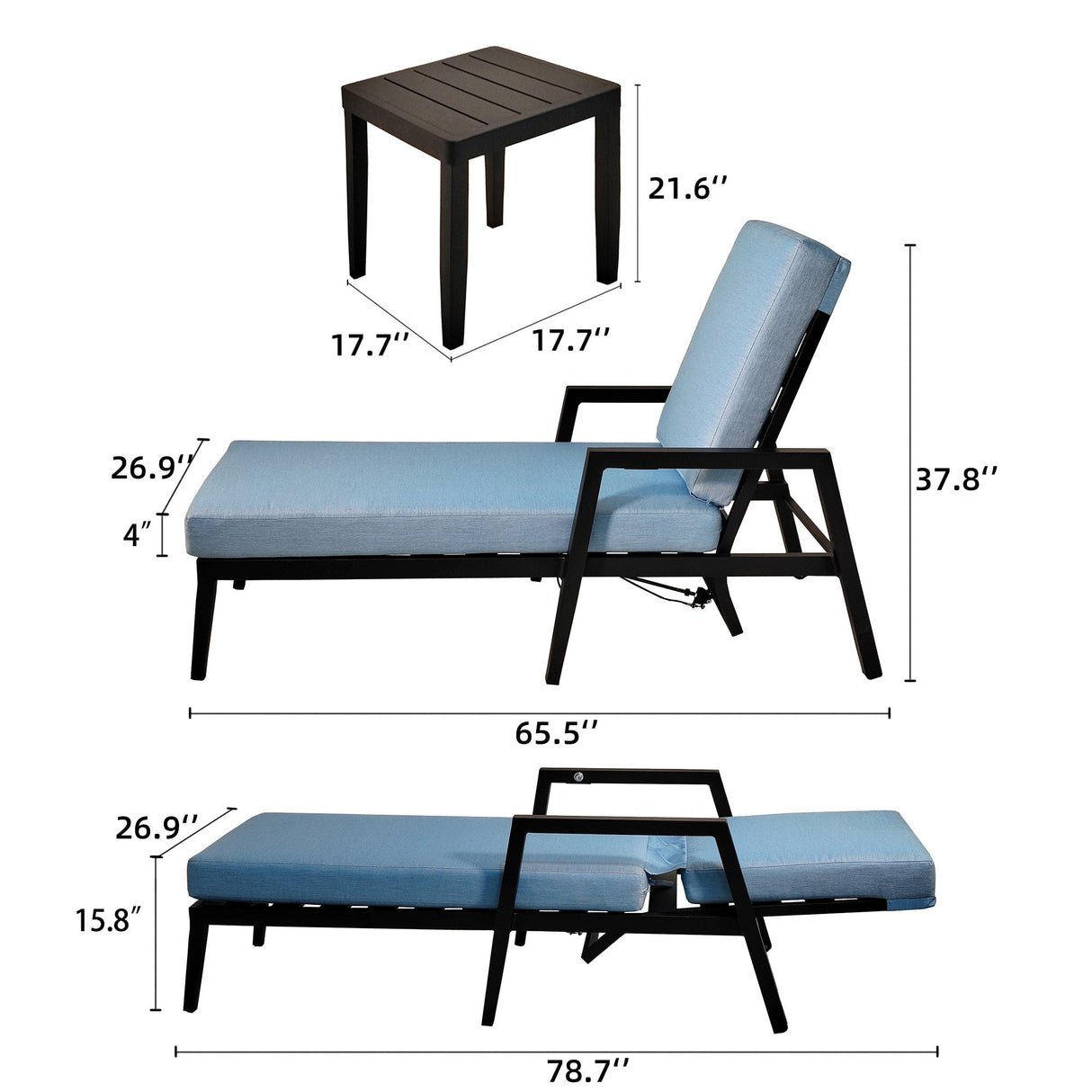 3PC Outdoor Aluminum Patio Furniture Chaise Lounge Set, 2 Chaise & 1 End Table with Modern Tapered Feet, Pneumatic Adjustable Backrest for Effortless Reclining, Wheels, Sunbrella Cushion, Ember Black