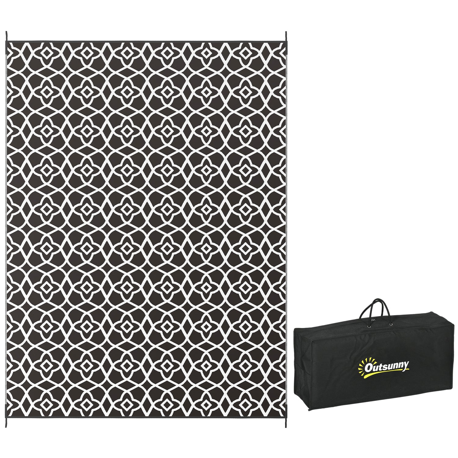 Reversible outdoor rug, 9' x 12' waterproof plastic straw floor mat,  black & white clover