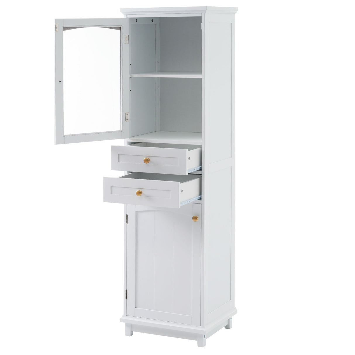 Tall Bathroom Storage Cabinet With Glass Doors, Free-Standing, Two Drawers, And Adjustable Shelves, Board, Painted Perfect For Displaying Your Favorite Items