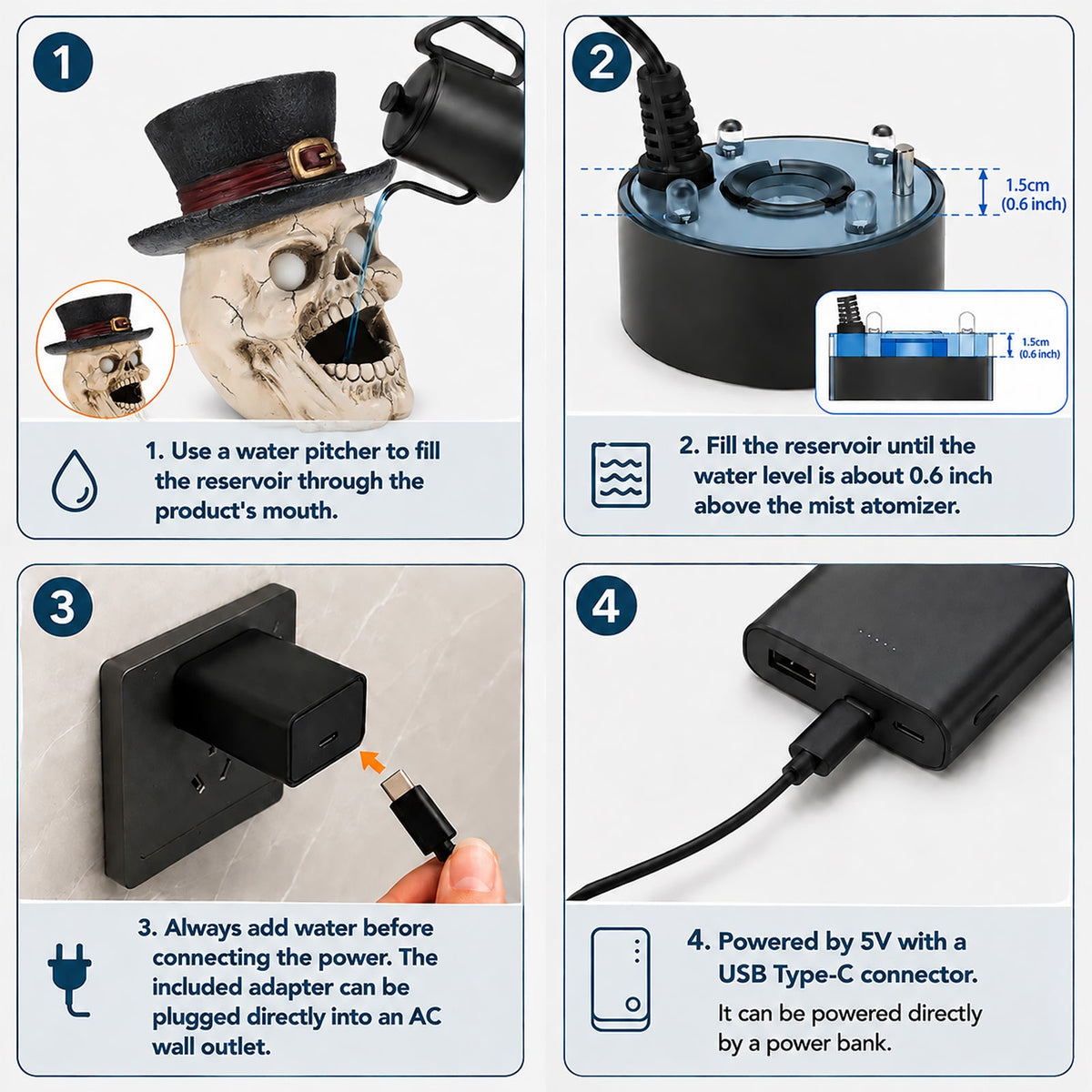 LED Light-Up Skull with Top Hat & Mist Maker