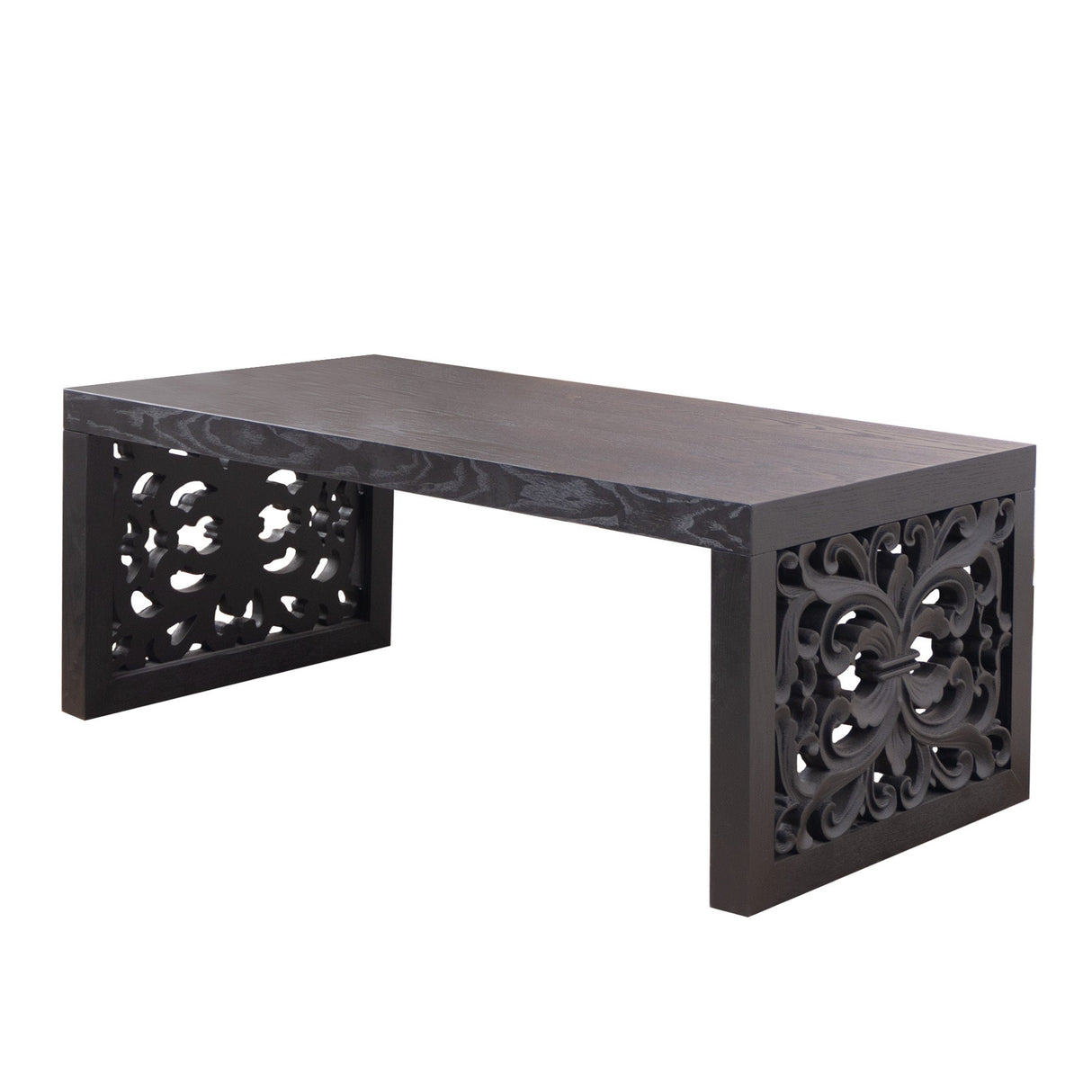 47.2' Solid Black Carved Wood Coffee Table – Handcrafted Look with Ornate Side Panels